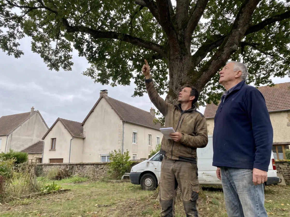 L'artisan montre l'arbre à tailler au propriétaire, carnet à la main