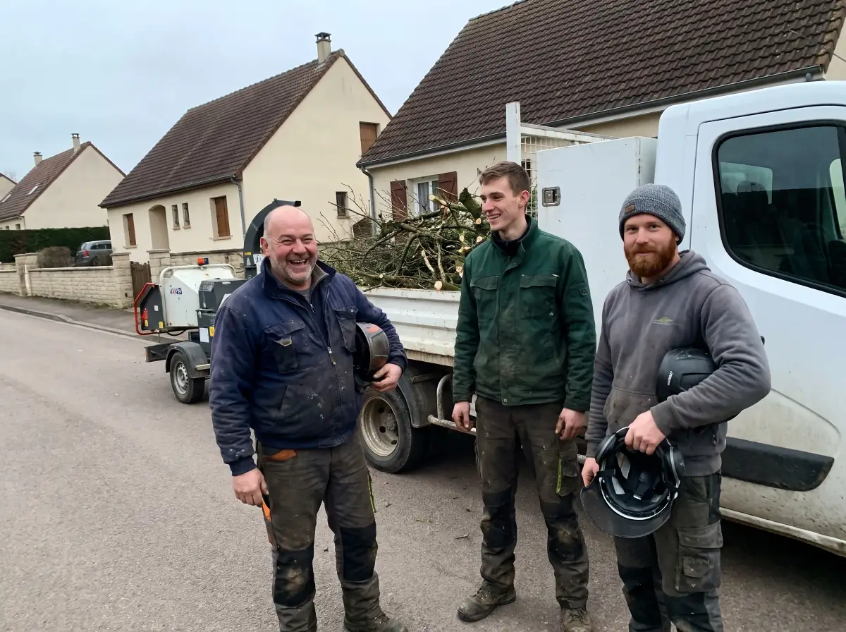 L'équipe en fin de journée devant le camion chargé de branches