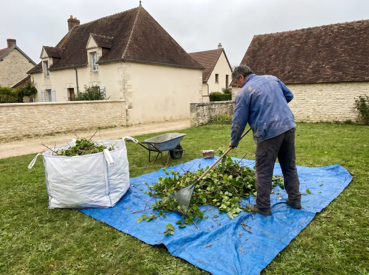 Ramassage des déchets de taille sur une bâche